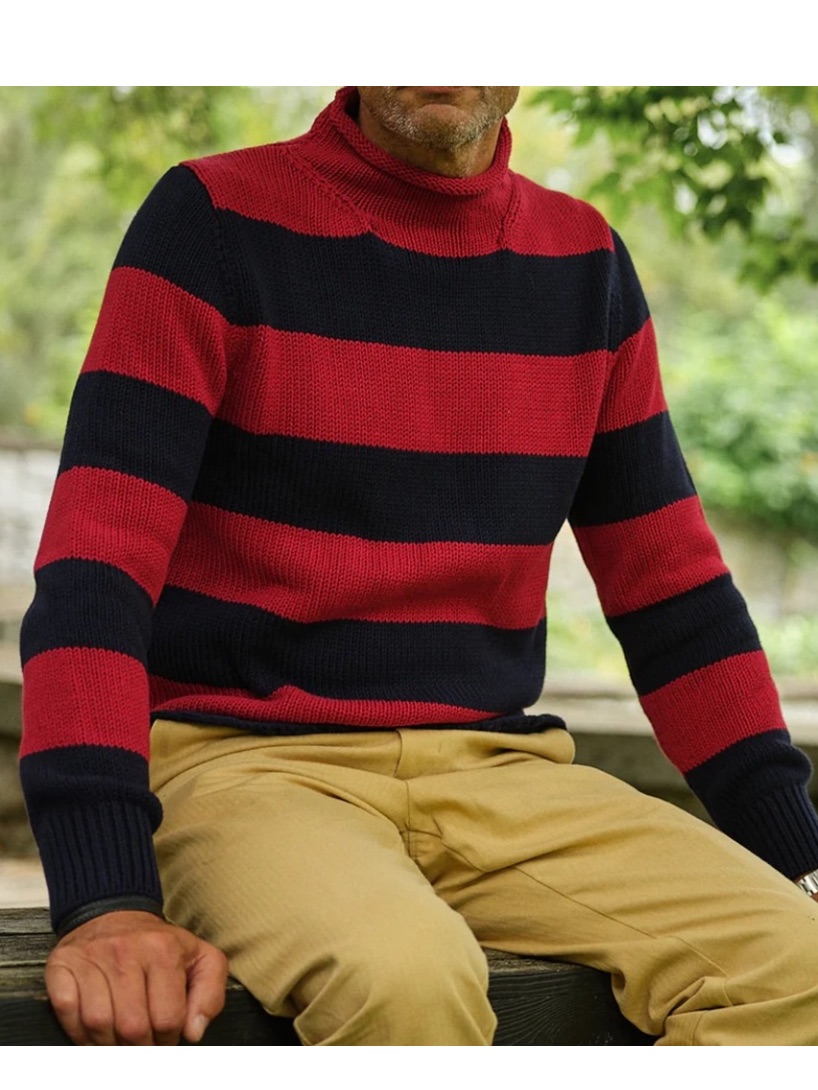 Quaker Marine Supply Men’s Red Navy Jumbo Stripe Fisherman Roll Neck Sweater